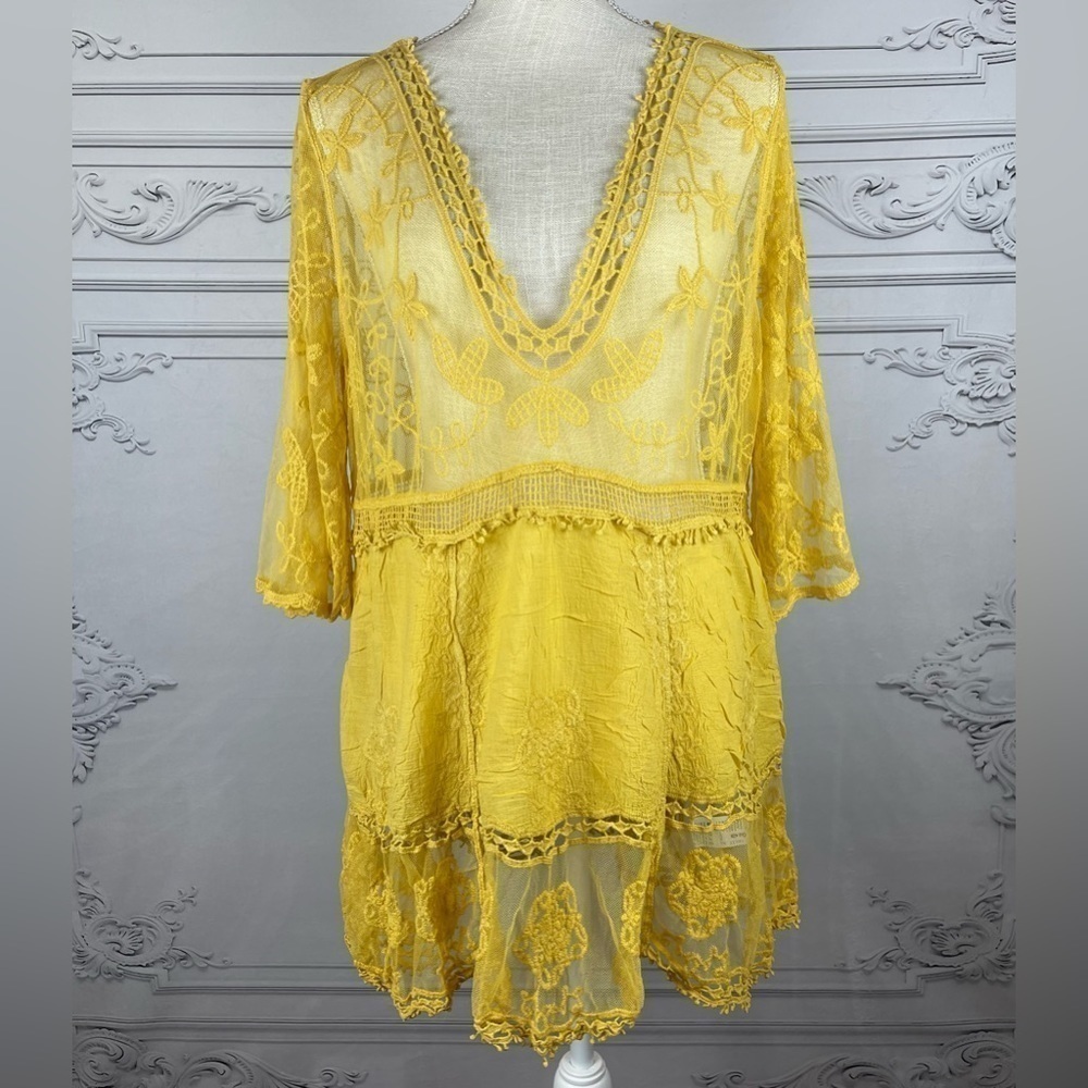 Bohemian Embroidered Floral Lace Sheer Mesh Top Swimsuit Coverup - Picture 6 of 9